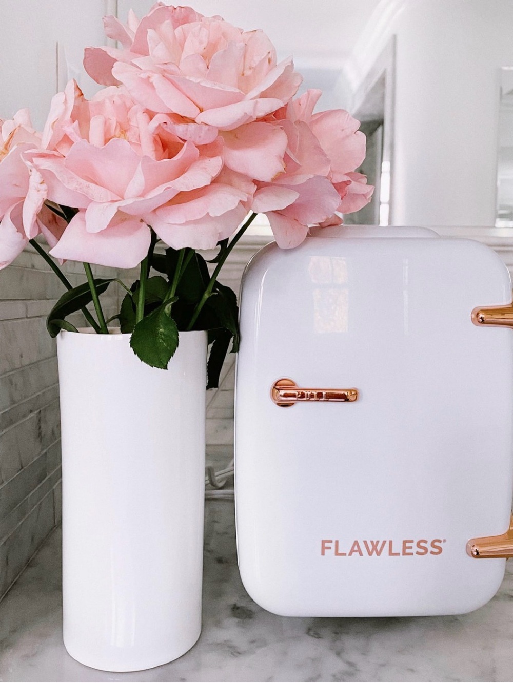 FLAWLESS White Mini Fridge with Rose Gold Accents